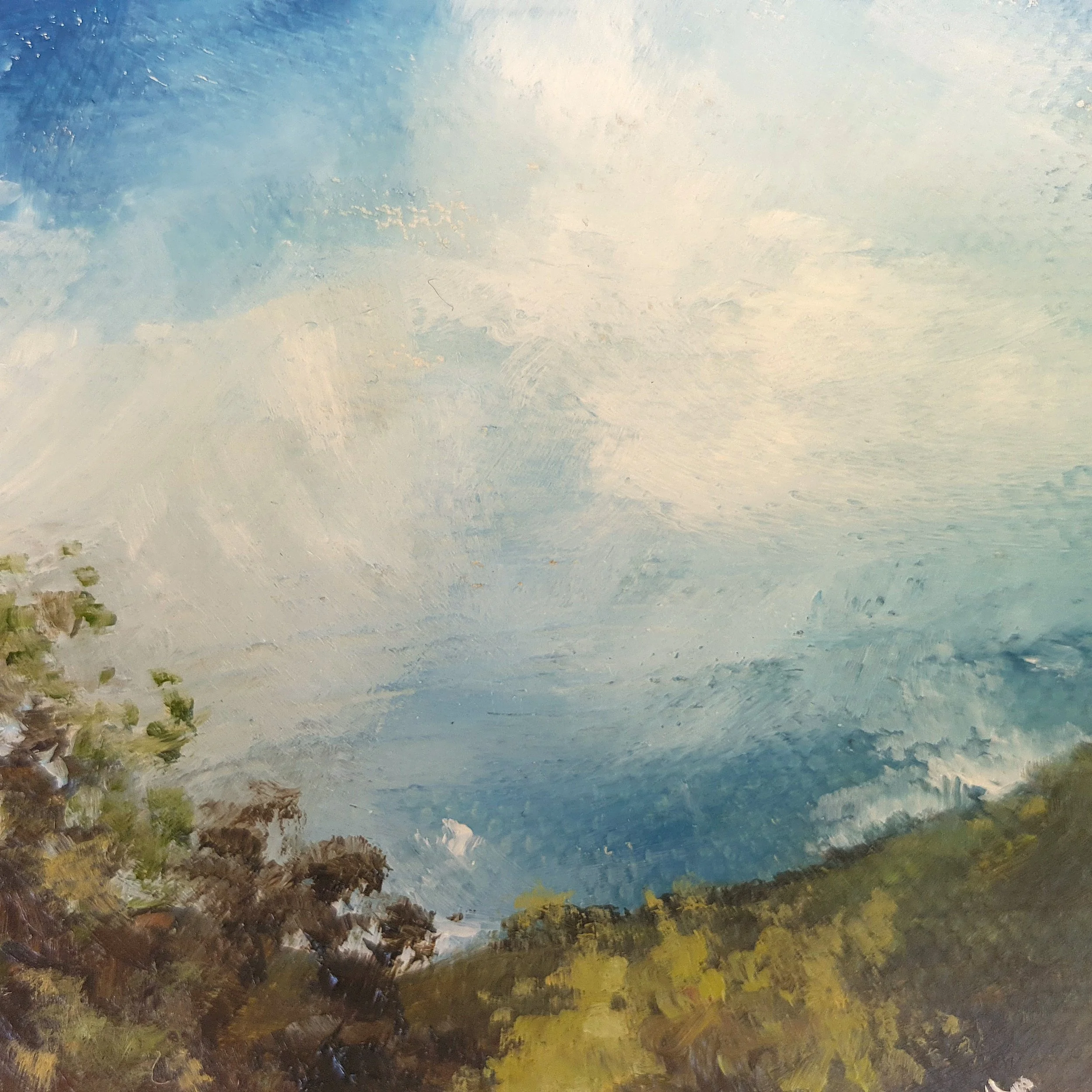 Small square landscape painting in green with cloudy sky and white cherry blossom.