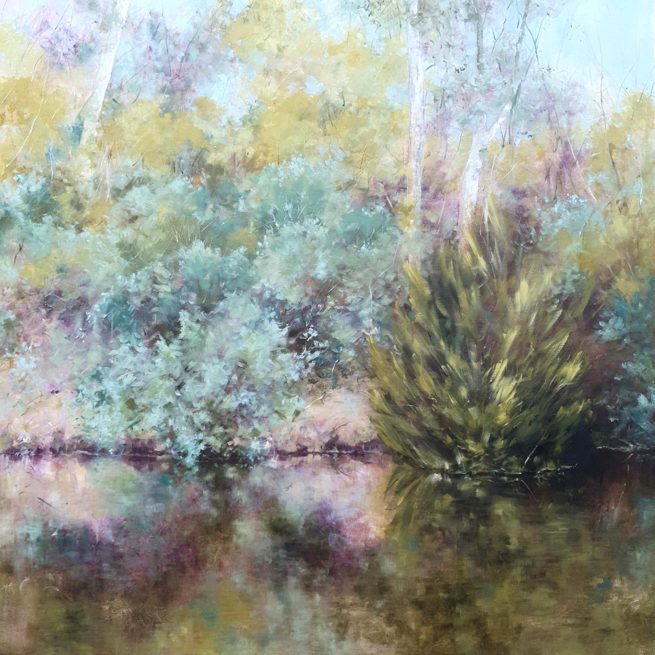 "Stillness 2", oil on canvas, 101 x 101 cm. $2350, framed in oak (Splatter Gallery)