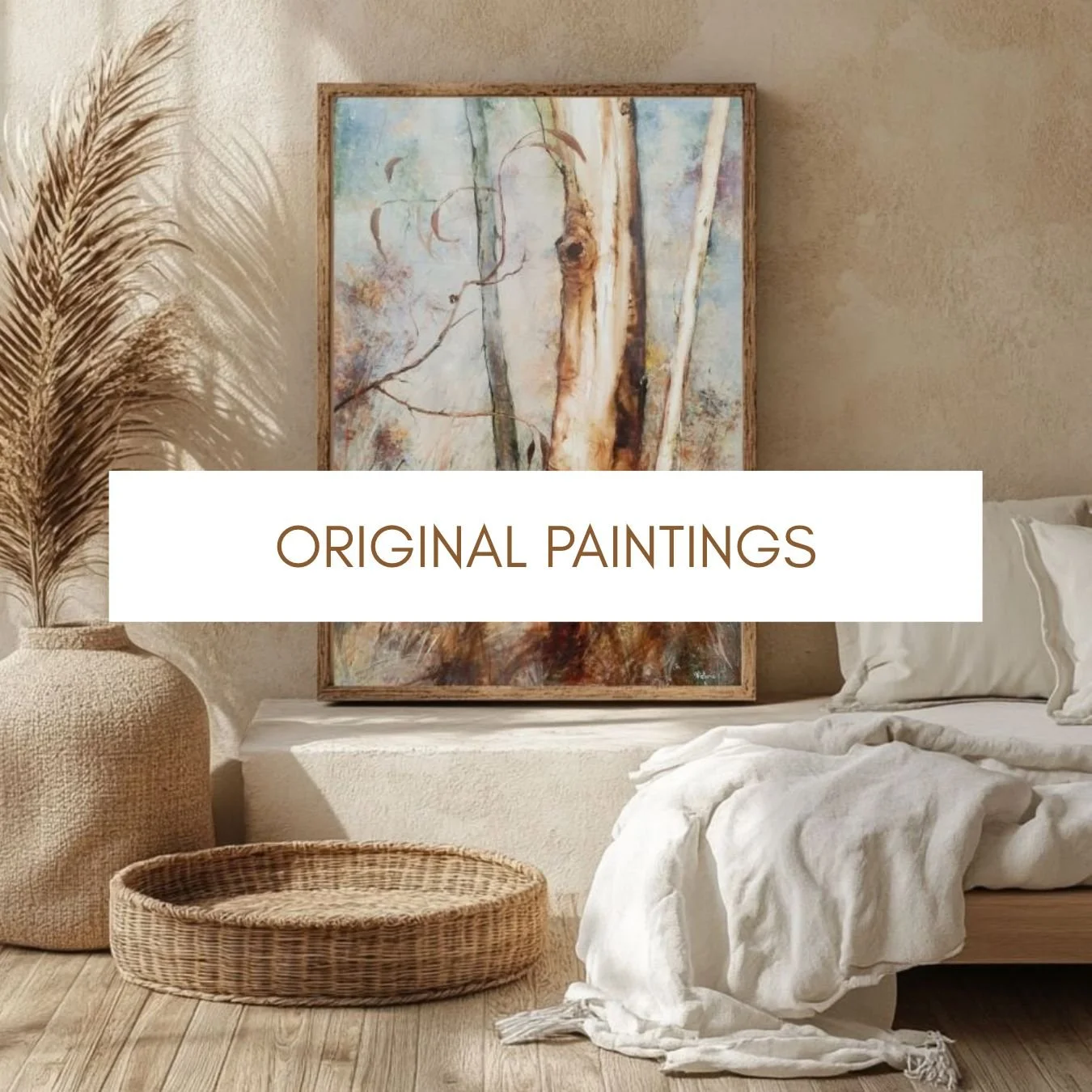 warm minimalist artwork of white gum tree in brown earth tones