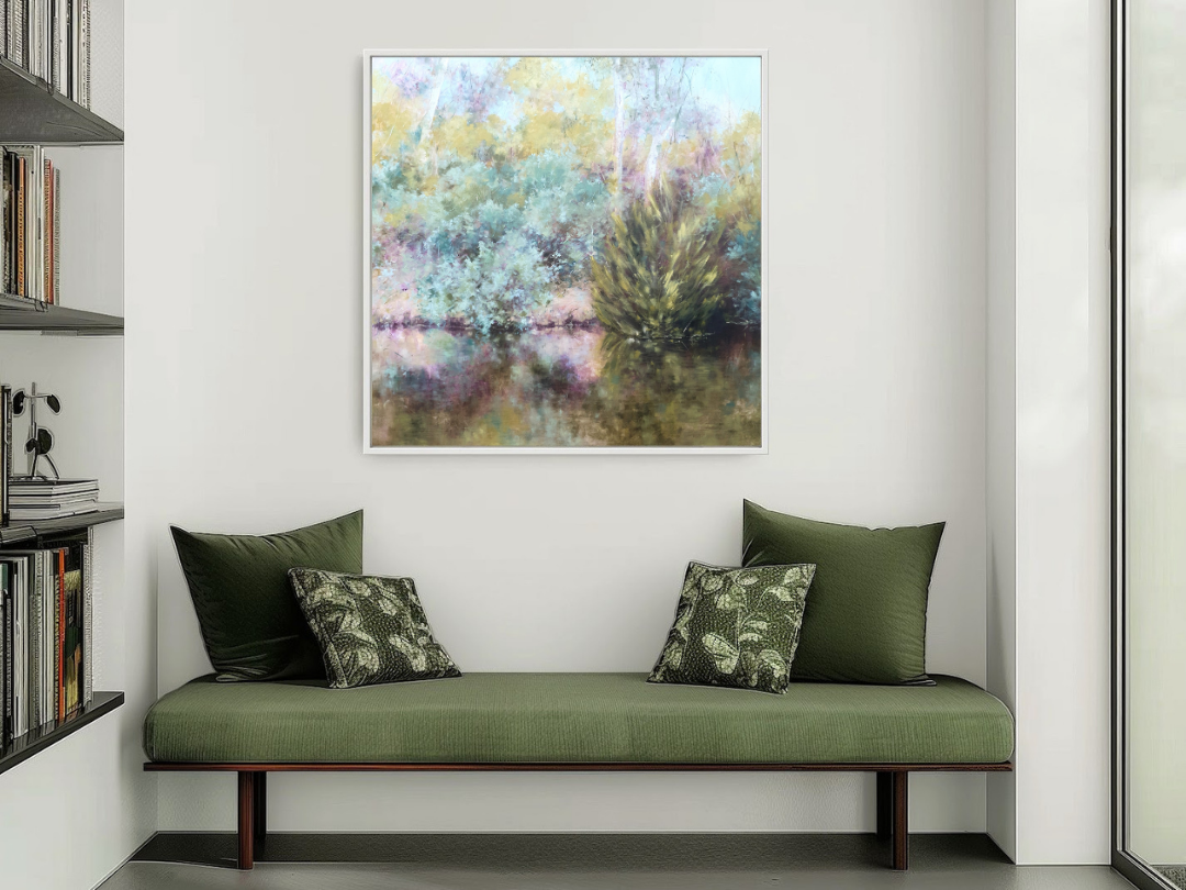Australian river landscape in mauve, teal and olive green by Canberra artist Victoria Pynt