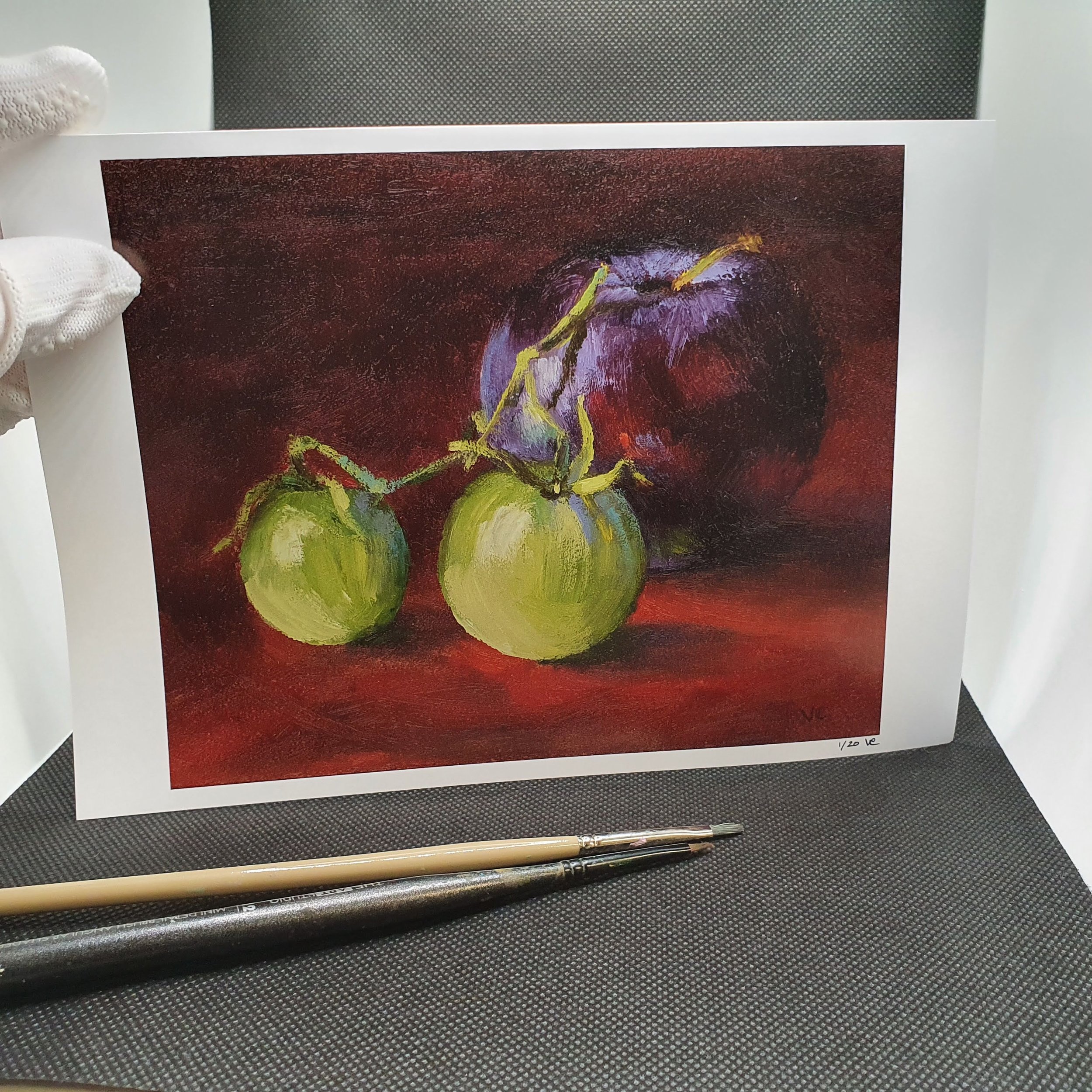 Small cute print from oil painting. Plum still life with bright green baby tomatoes.