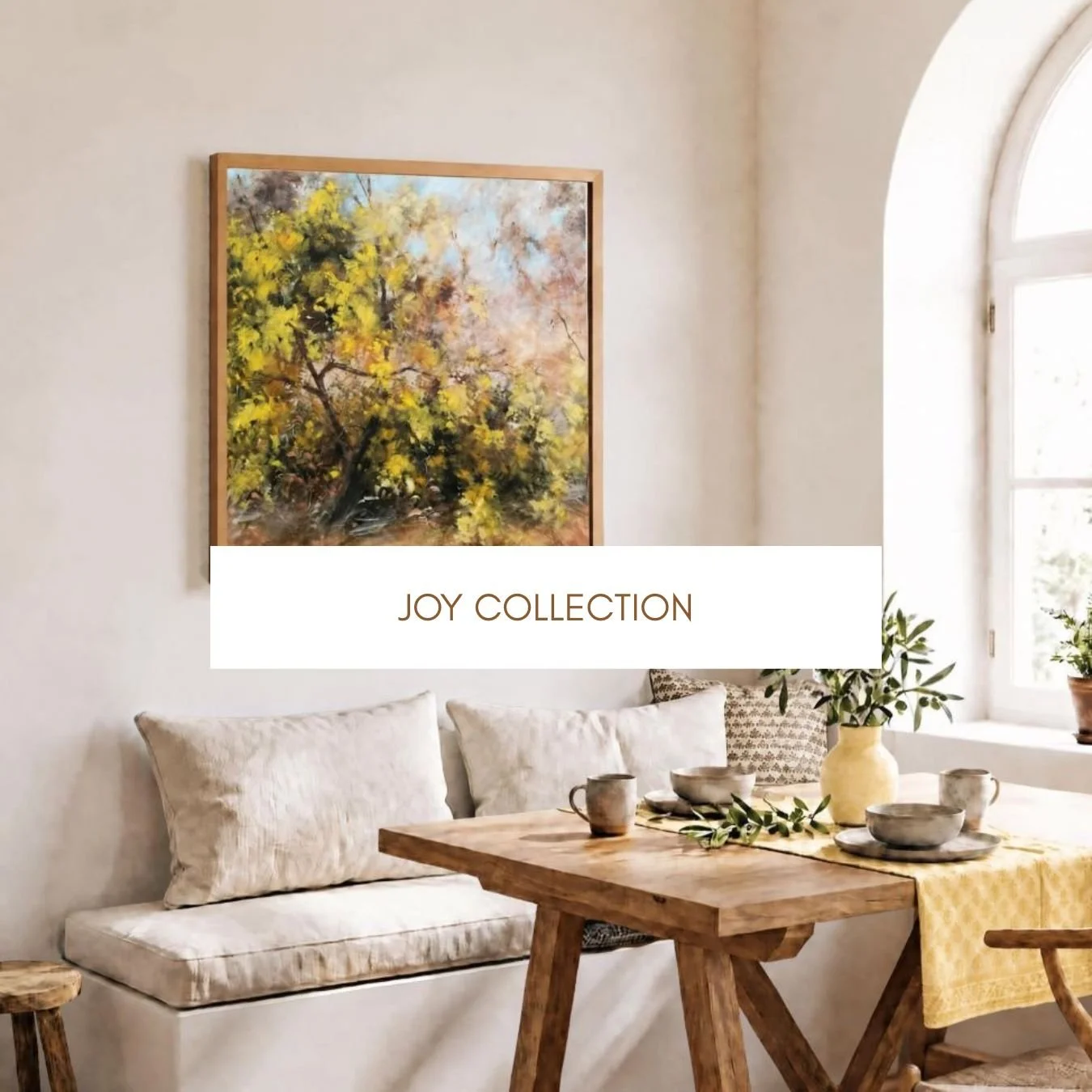 oil painting of yellow wattle in neutral rustic earth tones dining room