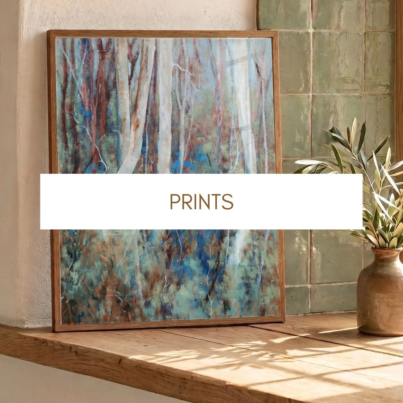 small art print of abstract forest with blue and sage green