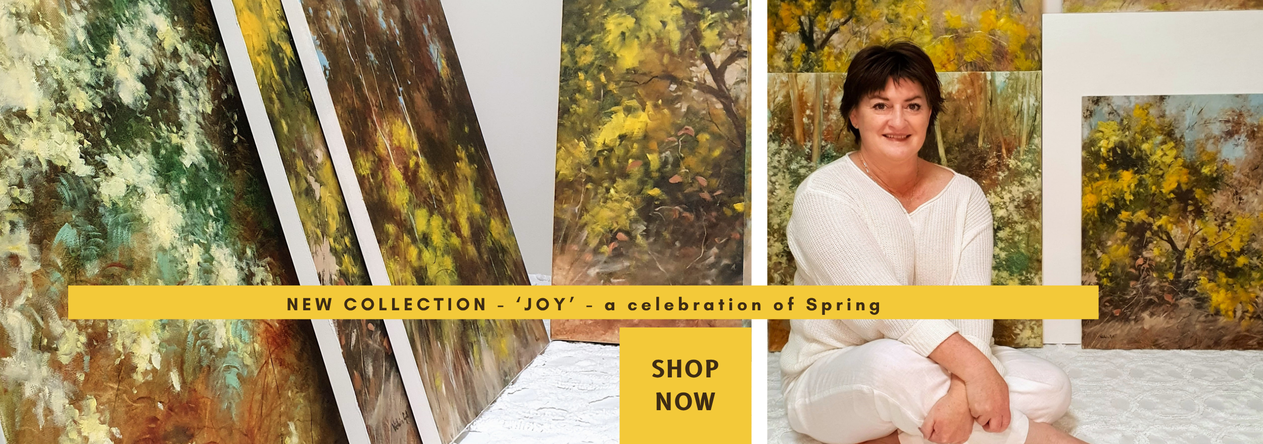 Canberra artist Victoria Pynt with collection of yellow wattle paintings
