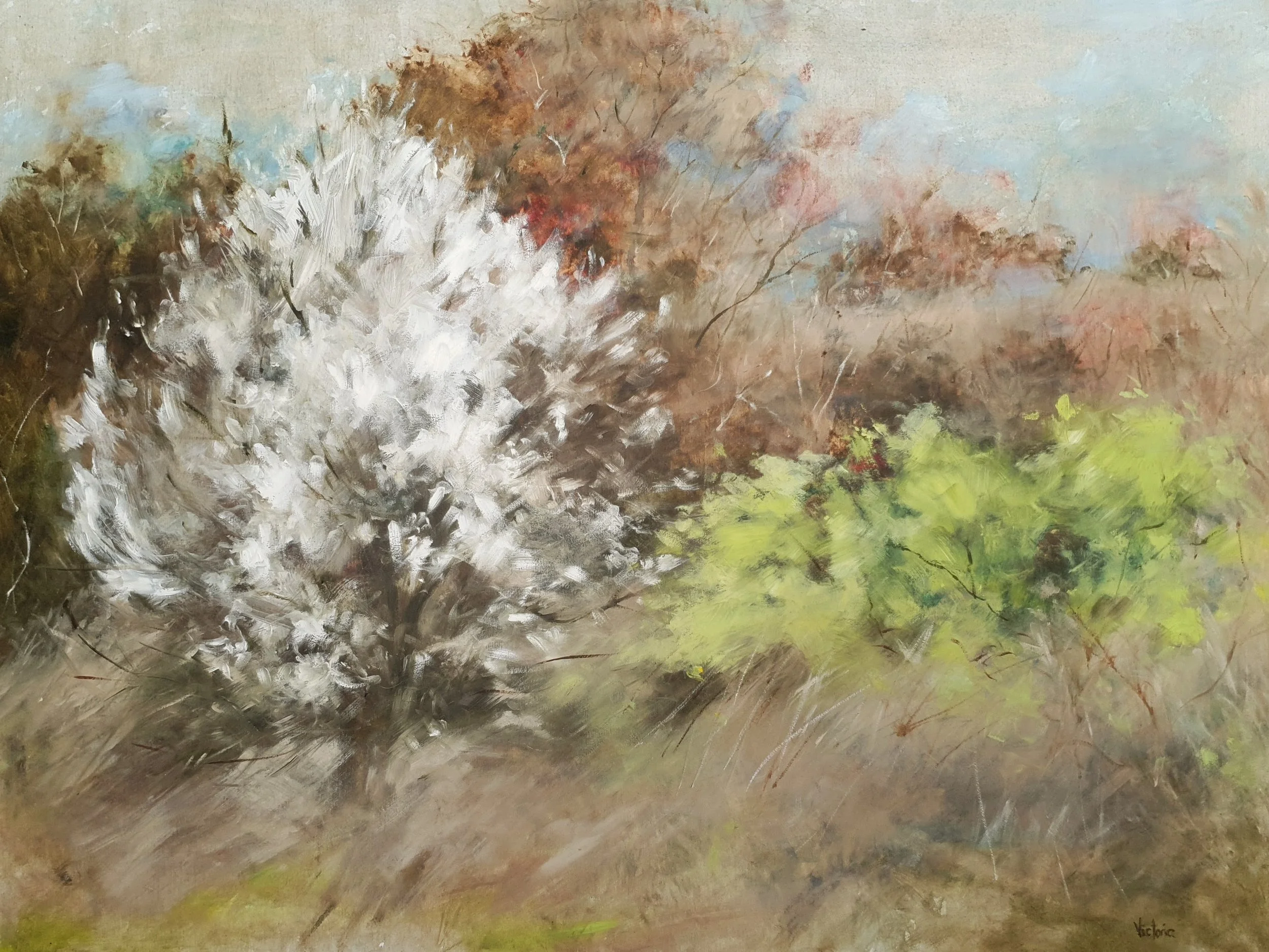 Soft abstract landscape in natural earth tones of light brown and white with cherry blossom.