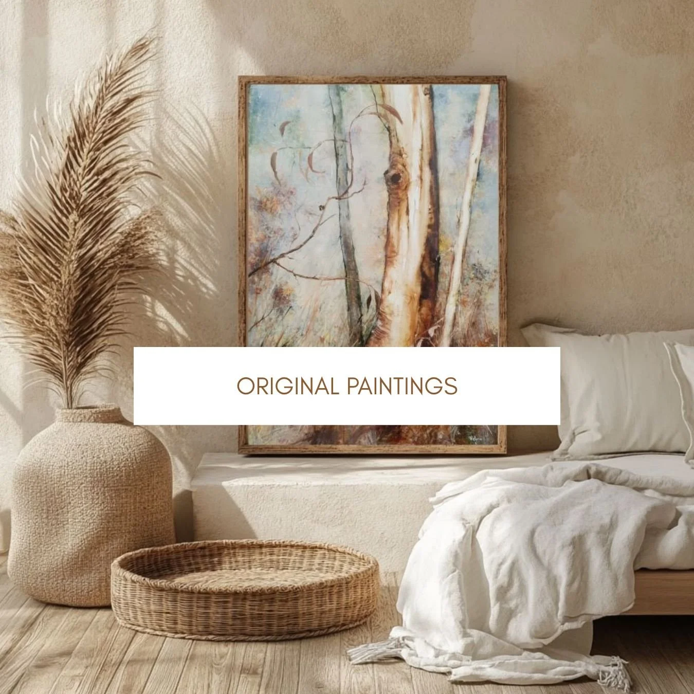 warm minimalist artwork of white gum tree in brown earth tones