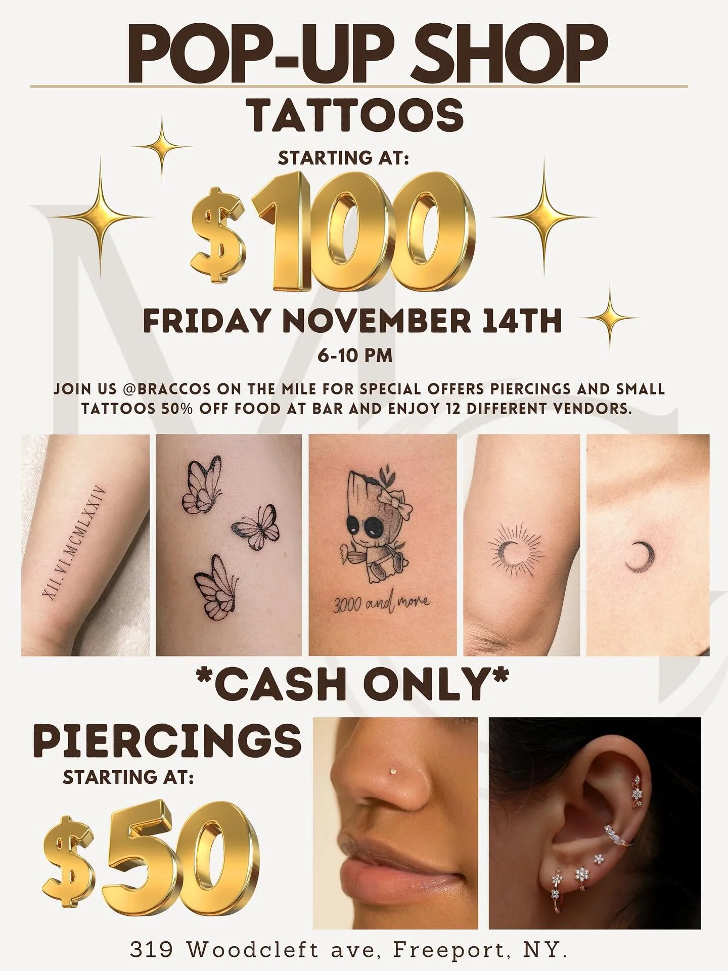 POP-UP TATTOO &amp; PIERCING EVENT ✨
We&rsquo;re popping up at Bracco&rsquo;s on the Mile this Friday, November 14th from 6&ndash;10PM!

Enjoy special offers:
💉 Piercings starting at $50
🖋️ Tattoos starting at $100
🍸 Plus &mdash; 50% off food at t