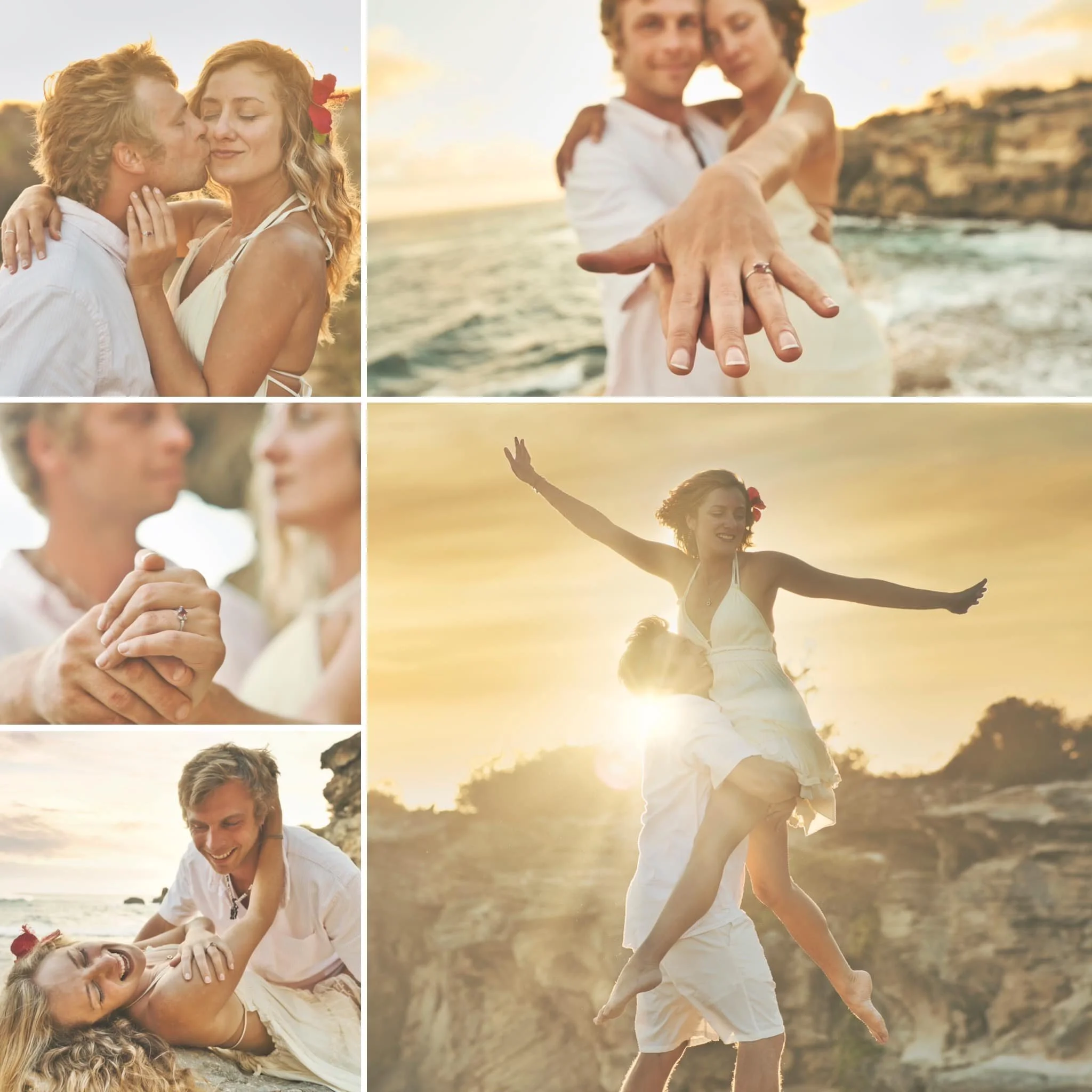 Collage of romantic moments from a couples photo session at Shipwreck Beach, Kauai.