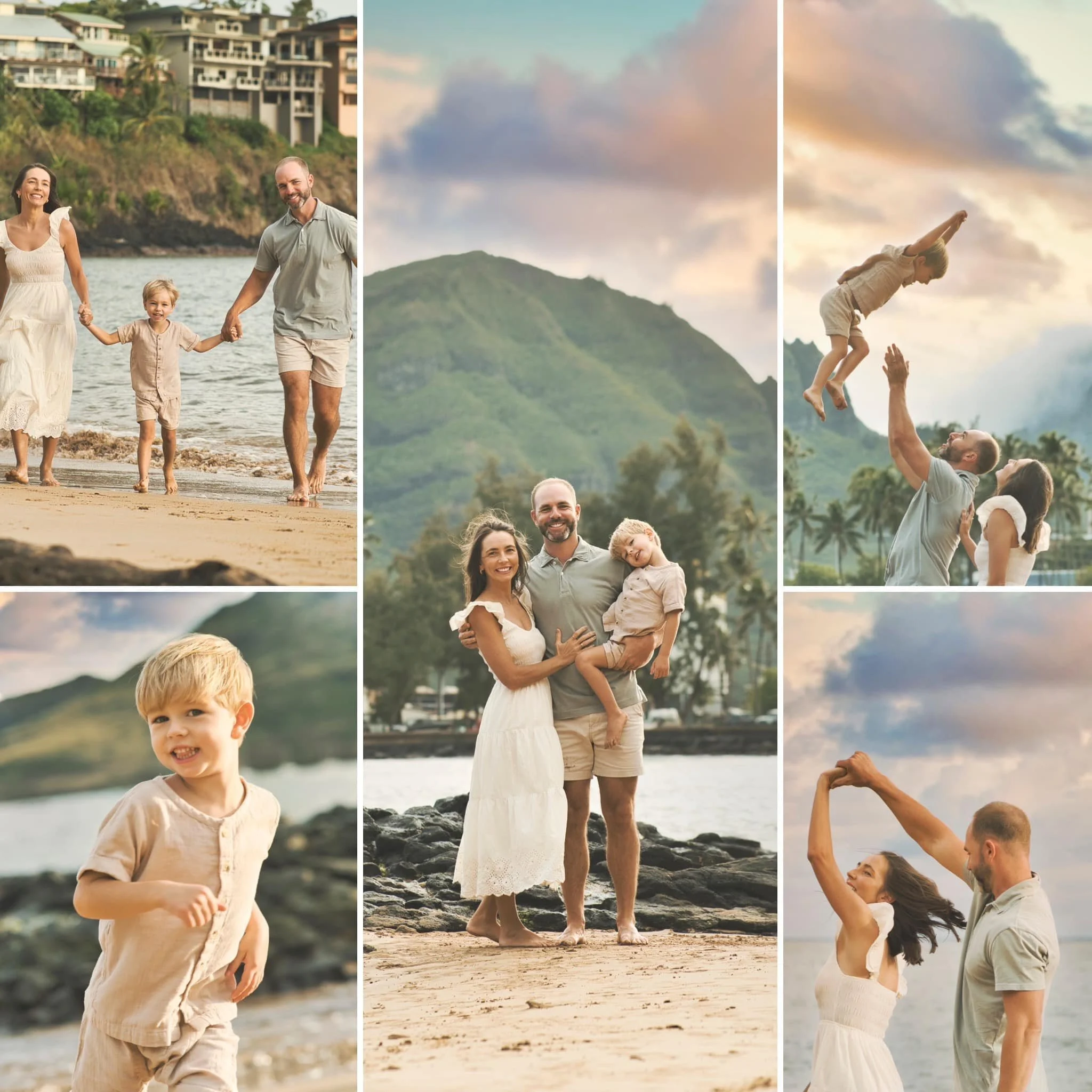 Collage of five family beach photos from a Kauai mini photo session.