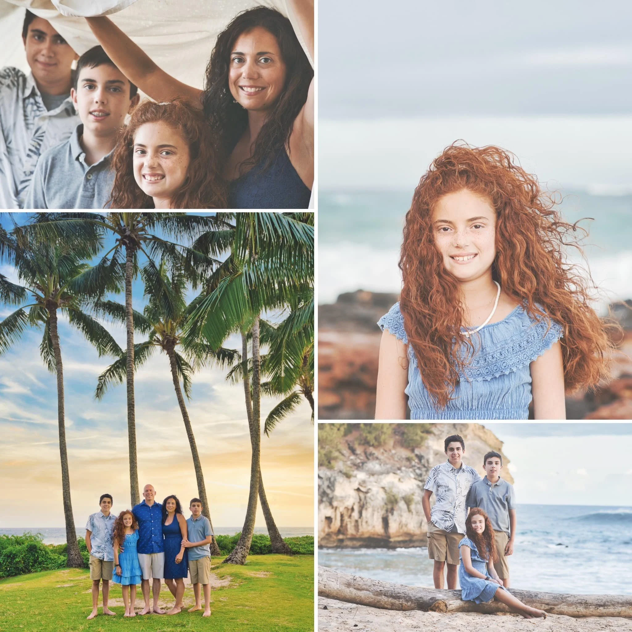 Collage of a Kauai family's photos: portraits, palm trees, and kids on a driftwood log.