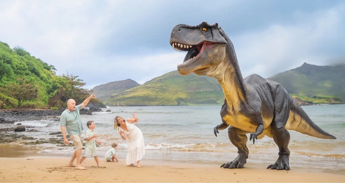 Dinosaur Family Photo Session on Kauai — a T-Rex joins the family photo