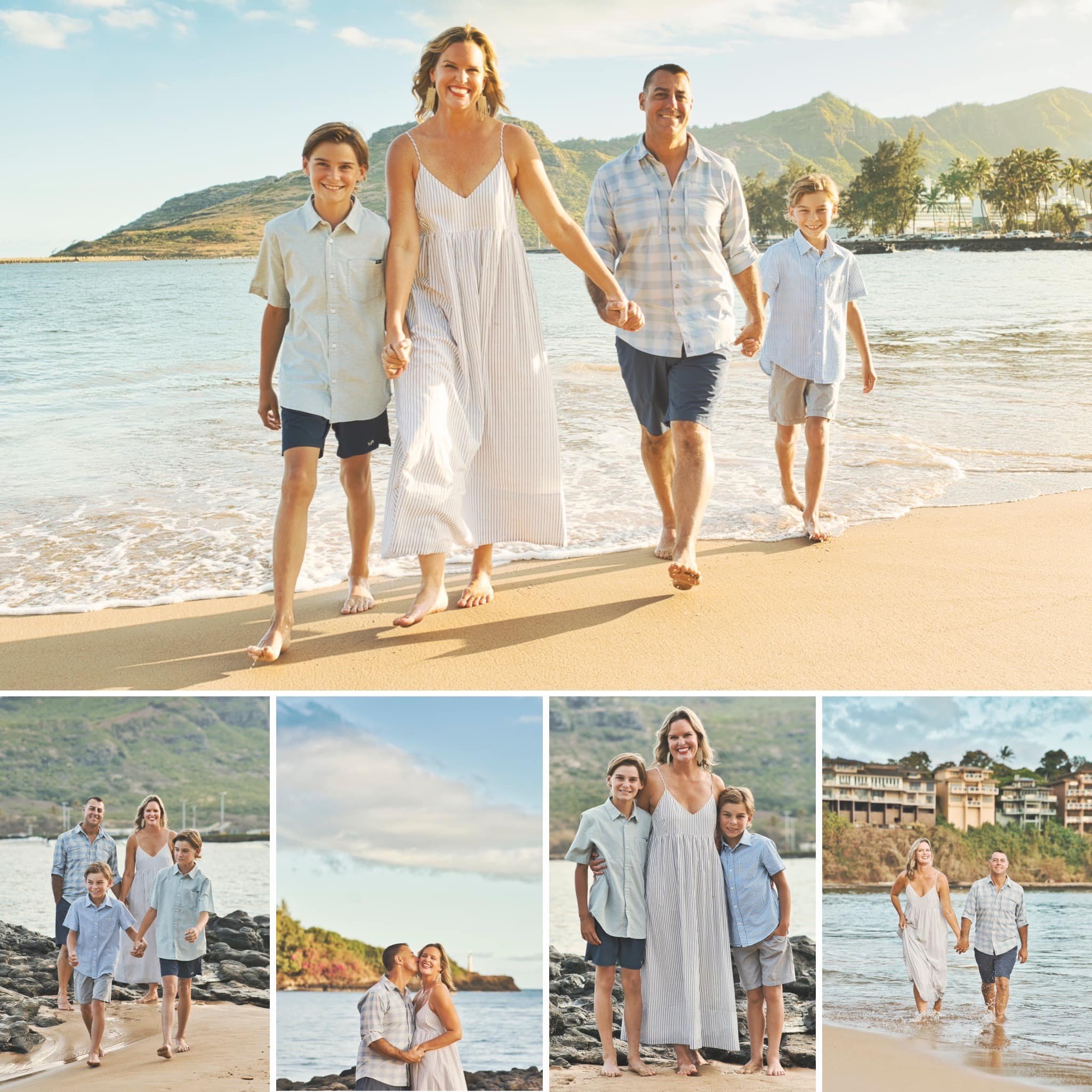 Collage of family photo session highlights: walking, playing, and posing on a Kauai beach.