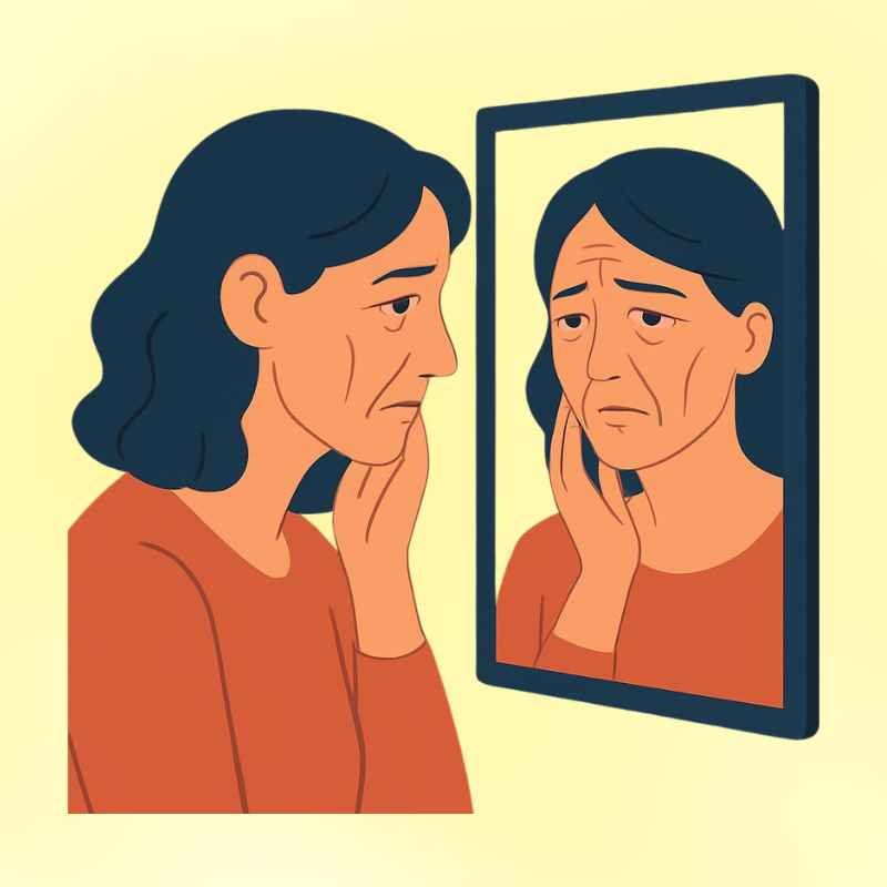 Woman looking sadly at her lined face in a mirror