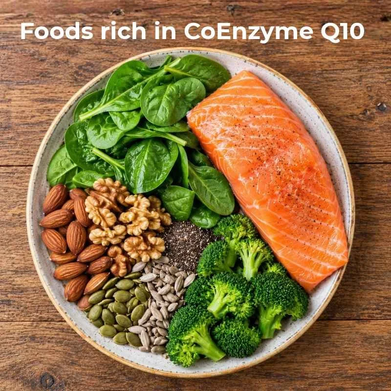 CoQ10-rich foods including salmon, nuts, seeds, broccoli and spinach arranged on a tabletop