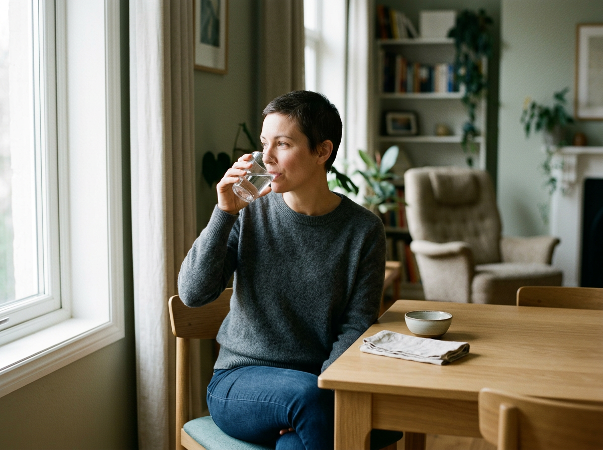 Cancer survivor drinking a glass of water at the kitchen table