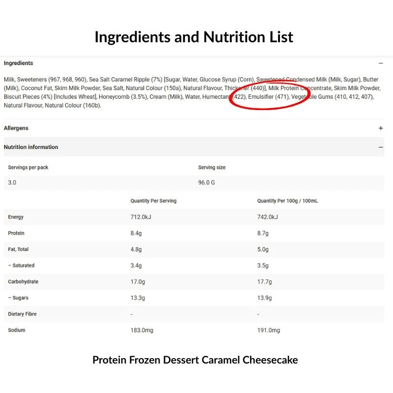A list of ingredients and nutrition for ultra-processed food, with emulsifier circled