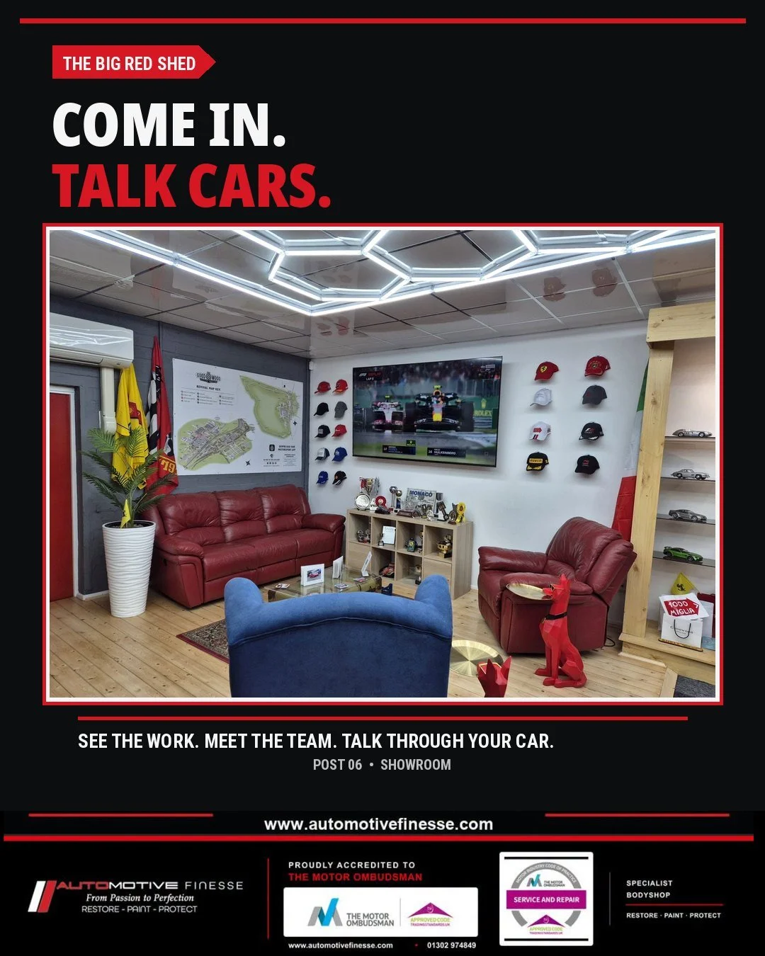 Sometimes the best place to start is a proper conversation.
Visit Automotive Finesse, see the workshop and showroom, meet the team and talk through what you want to achieve with your car.

From smaller body repairs through to paintwork and restoratio