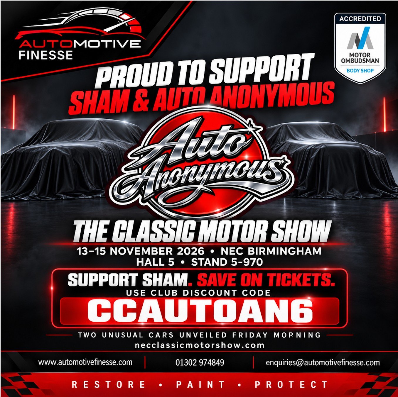 Are you going to the NEC this November for The Classic Motor Show?  Need tickets?Want to save money?

We&rsquo;re proud to support Sham and the Auto Anonymous club. Show your support by booking with their club discount code:
CCAUTOAN6

Join them from