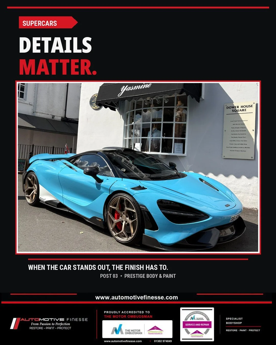 With a car like this, small imperfections stand out.
Body repairs, paintwork and refinishing need the same level of attention as the rest of the vehicle.

Automotive Finesse works with prestige and performance cars from its specialist bodyshop in Don
