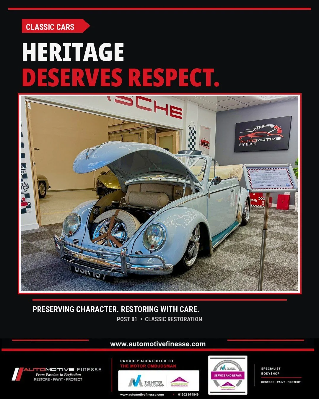 Classic cars need a different approach. 

Preserving original character while repairing bodywork and refinishing paint takes patience, judgement and attention to detail.

From localised repairs through to larger restoration work, Automotive Finesse t