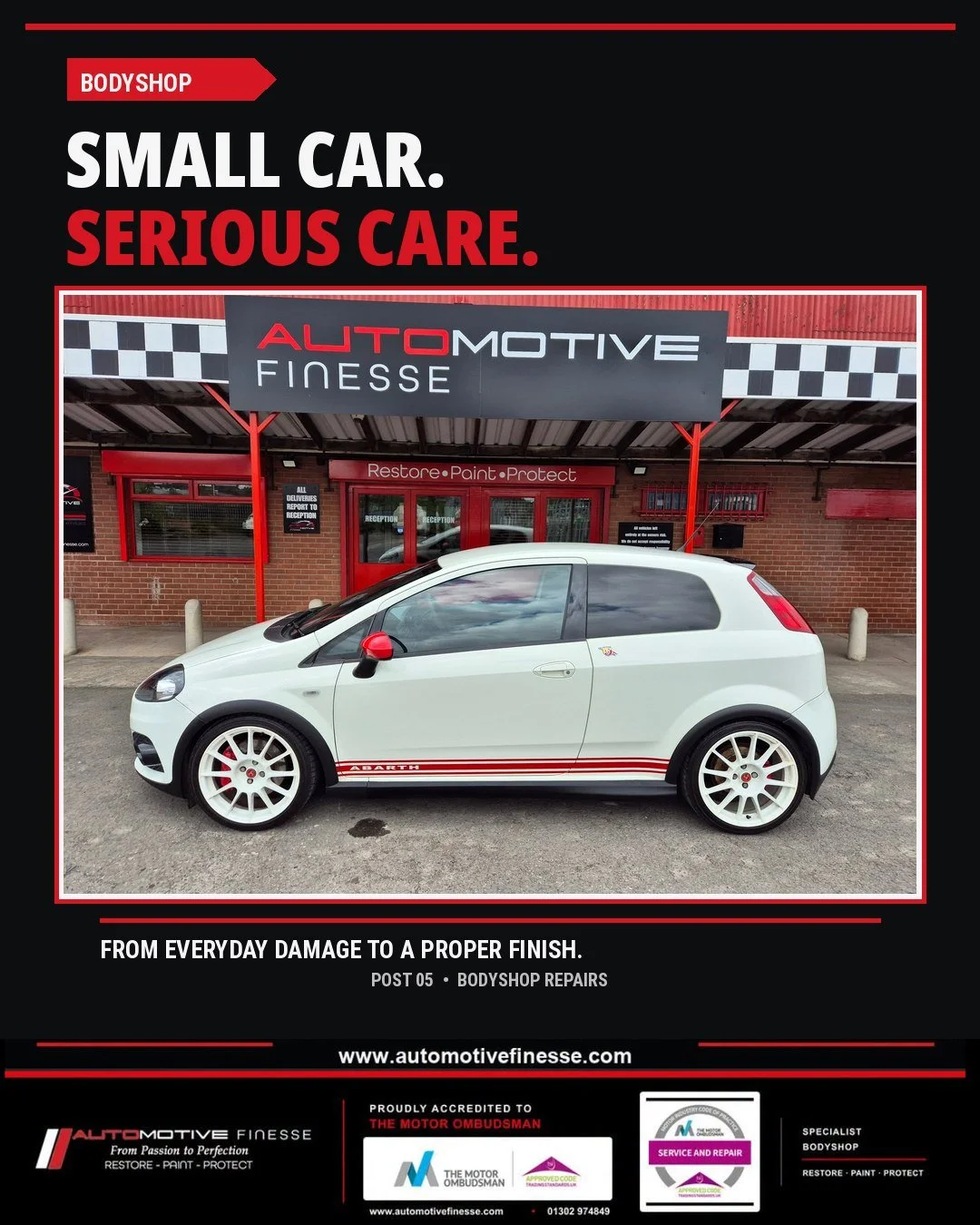 The badge on the bonnet does not decide how much care your car deserves.
Scuffs, scratches, dents and paint damage all deserve a proper repair, whether you drive something exotic or something you use every day.

Automotive Finesse handles bodywork an