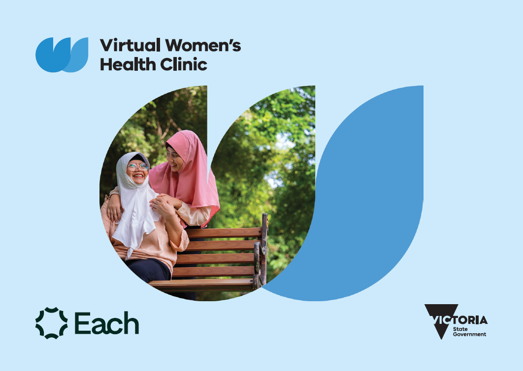 English language A6 postcard for the Virtual Women’s Health Clinic.