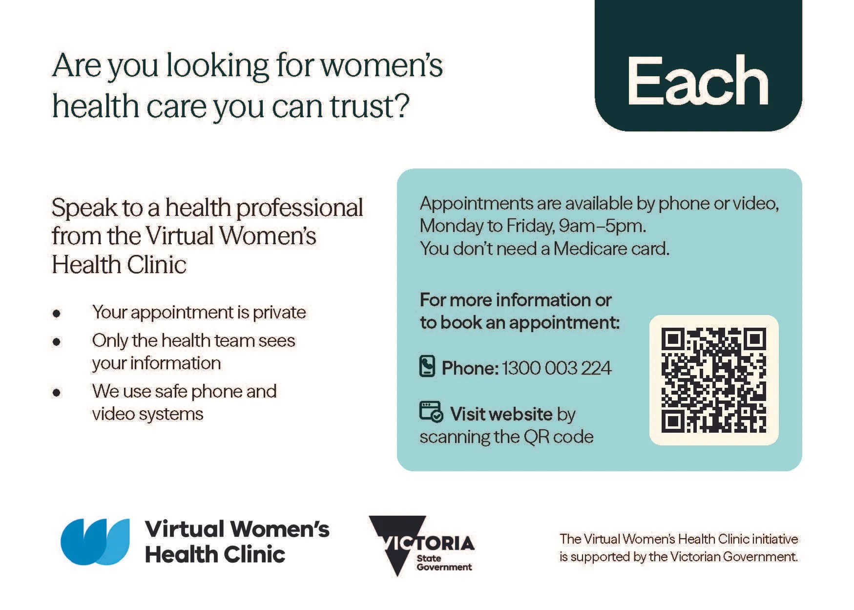English language postcard for the Virtual Women’s Health Clinic.