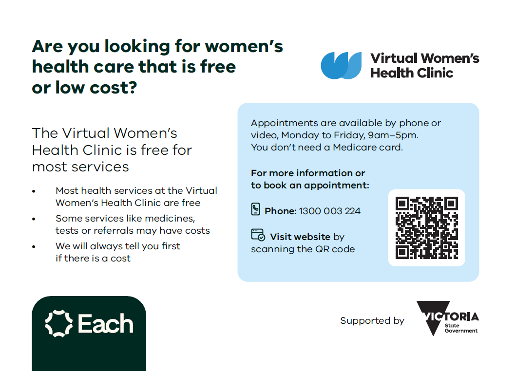 English language A6 postcard for the Virtual Women’s Health Clinic.