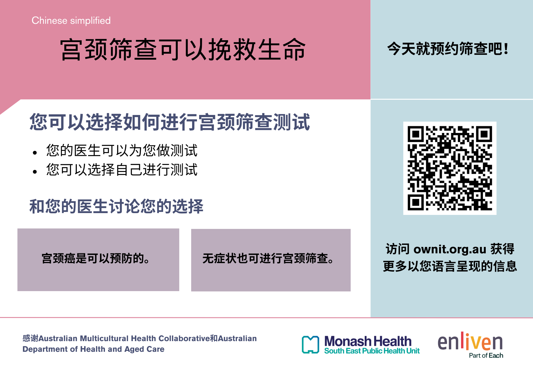 Simplified Chinese language information postcard for the Own It! cervical screening campaign.