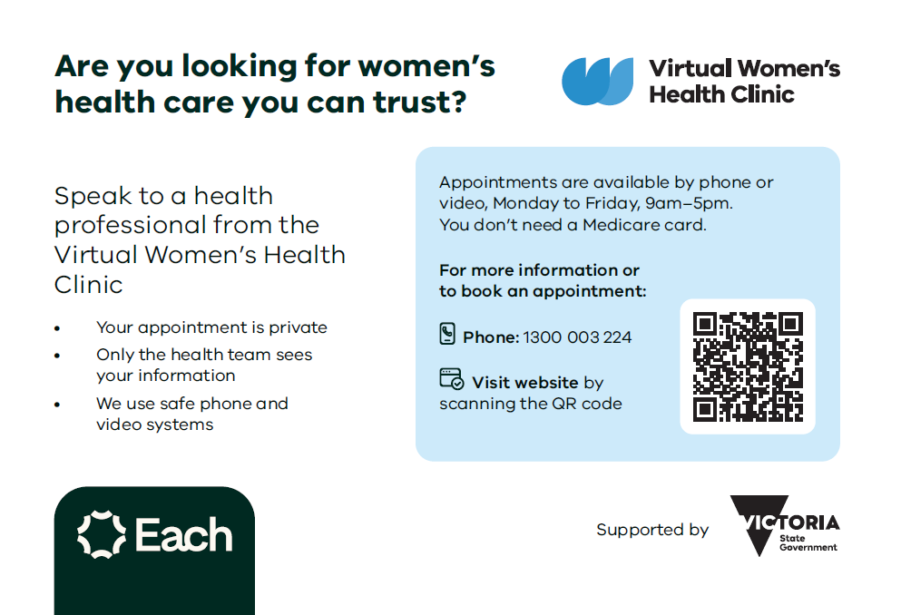 English language A6 postcard for the Virtual Women’s Health Clinic.