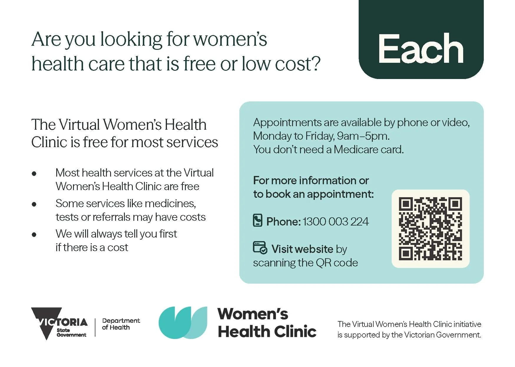 English language postcard for the Virtual Women’s Health Clinic.