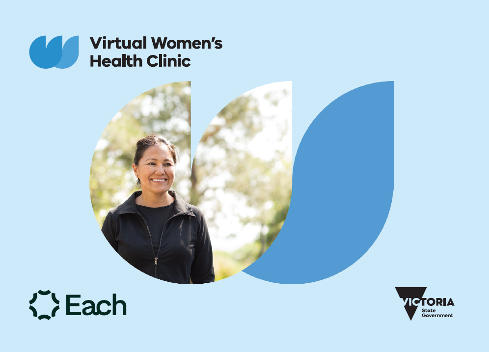 English language A6 postcard for the Virtual Women’s Health Clinic.