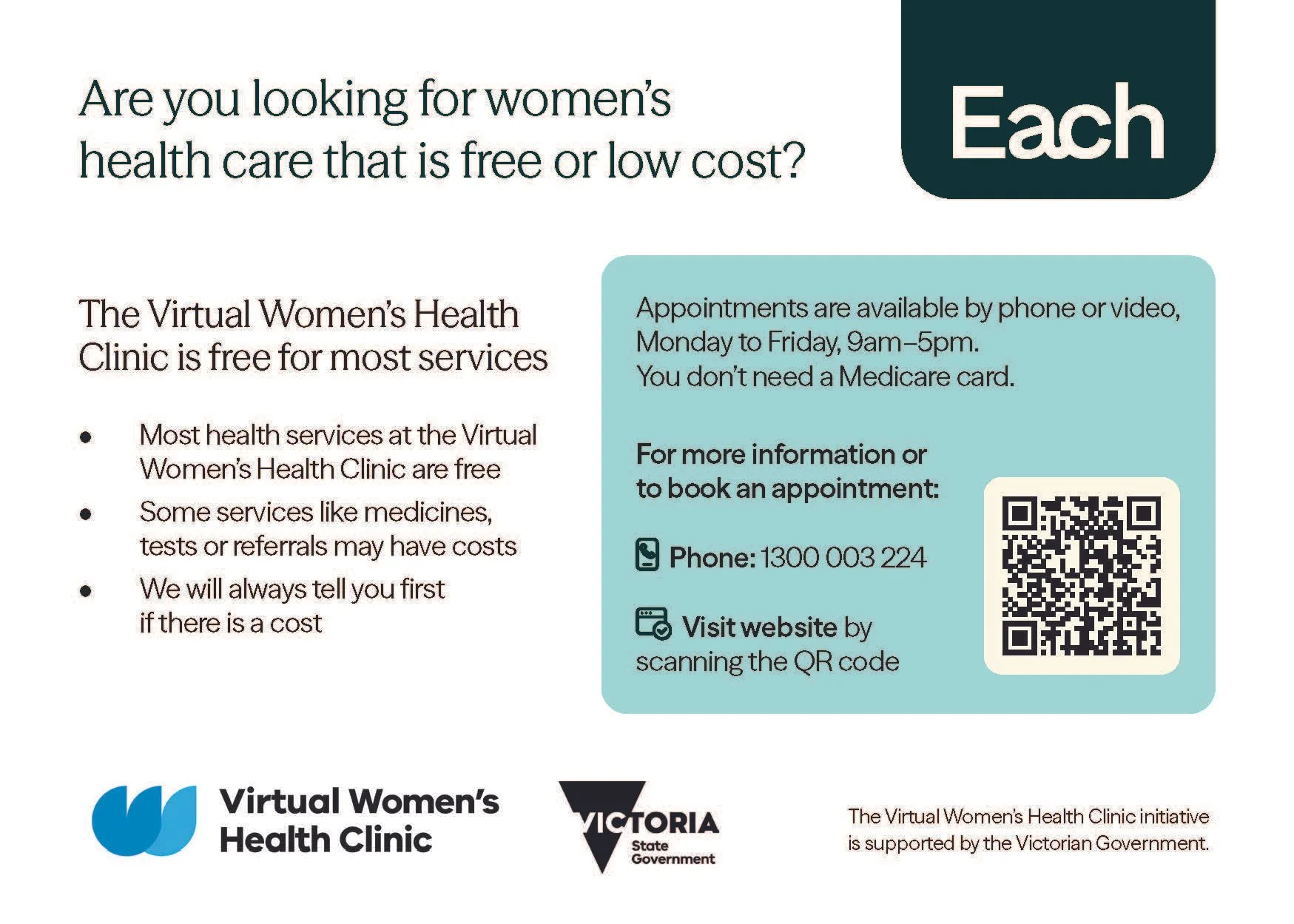 English language postcard for the Virtual Women’s Health Clinic.
