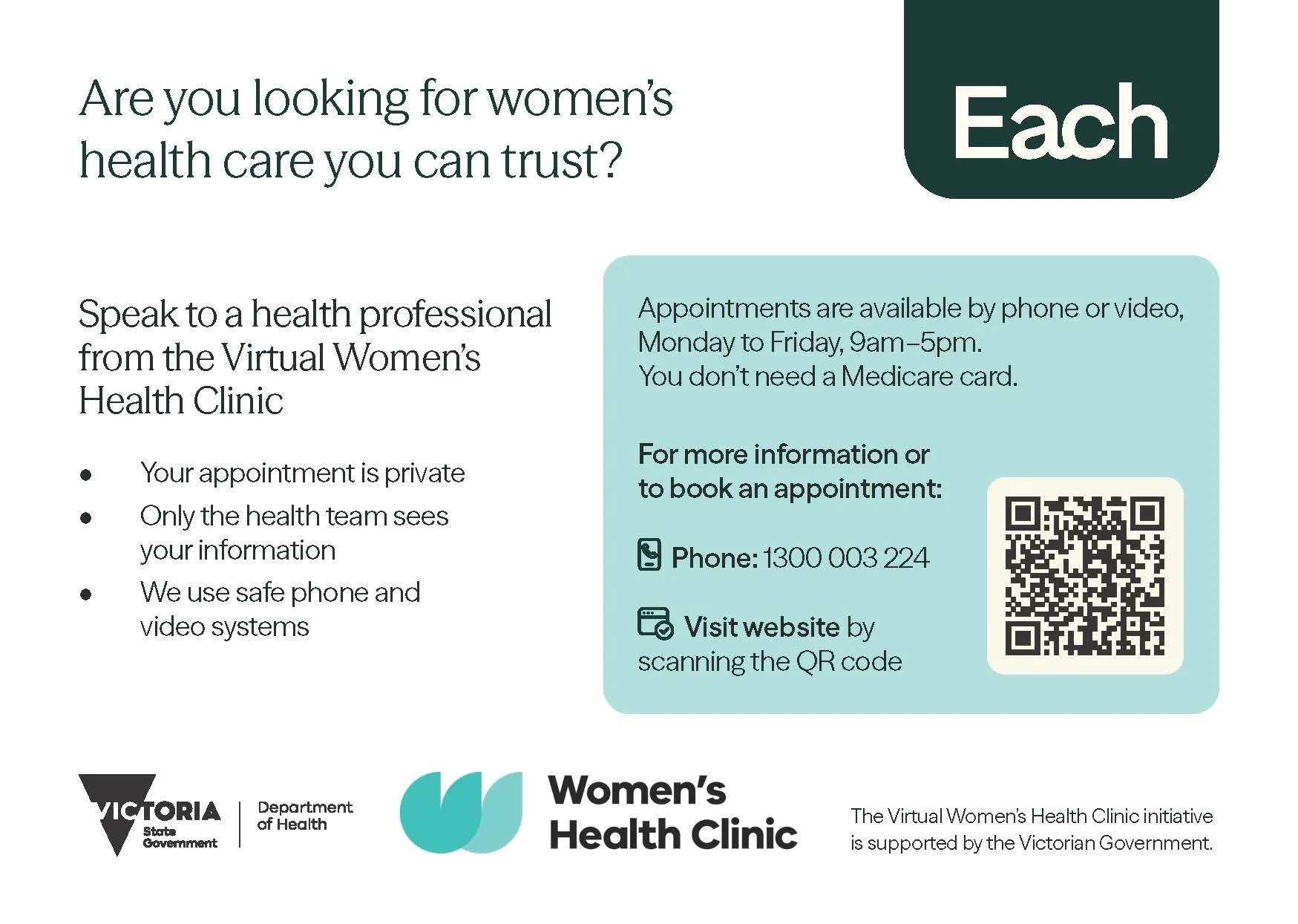 English language postcard for the Virtual Women’s Health Clinic.
