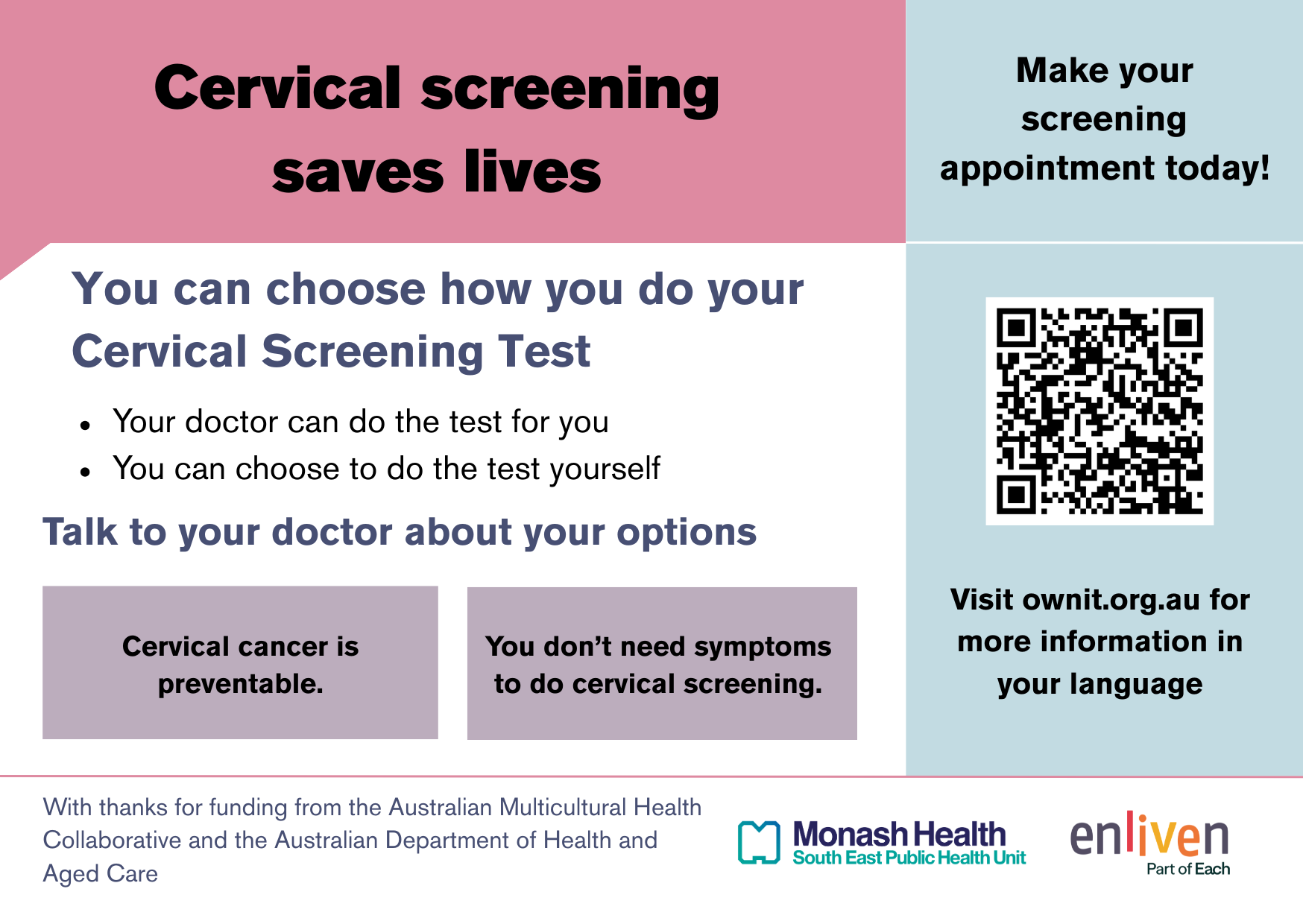 English language information postcard for the Own It! cervical screening campaign.