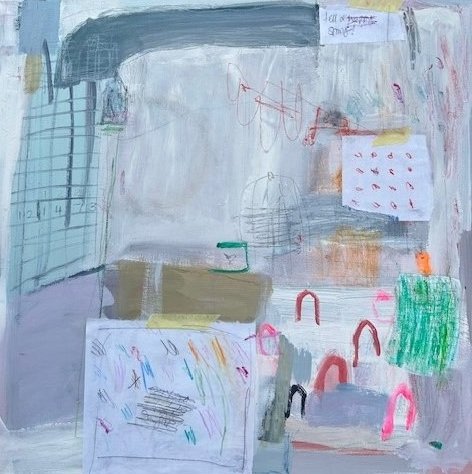 Vibrant, multicoloured, abstract painting with scribbles, house motifs.