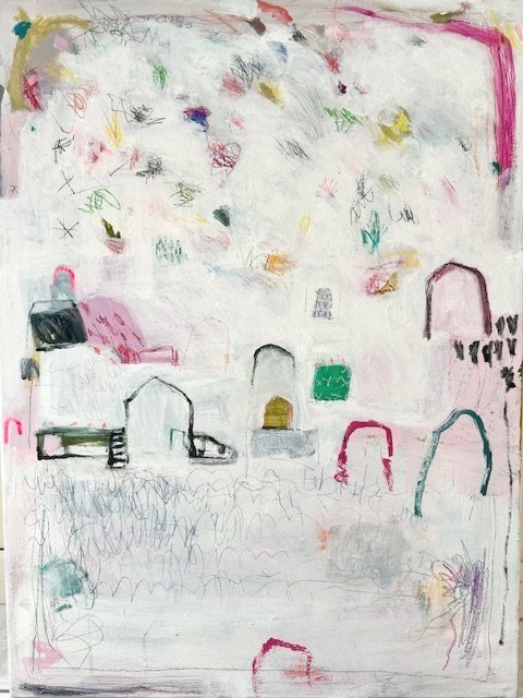 Vibrant abstract painting with bursts of colour and house motifs on a mainly white background.