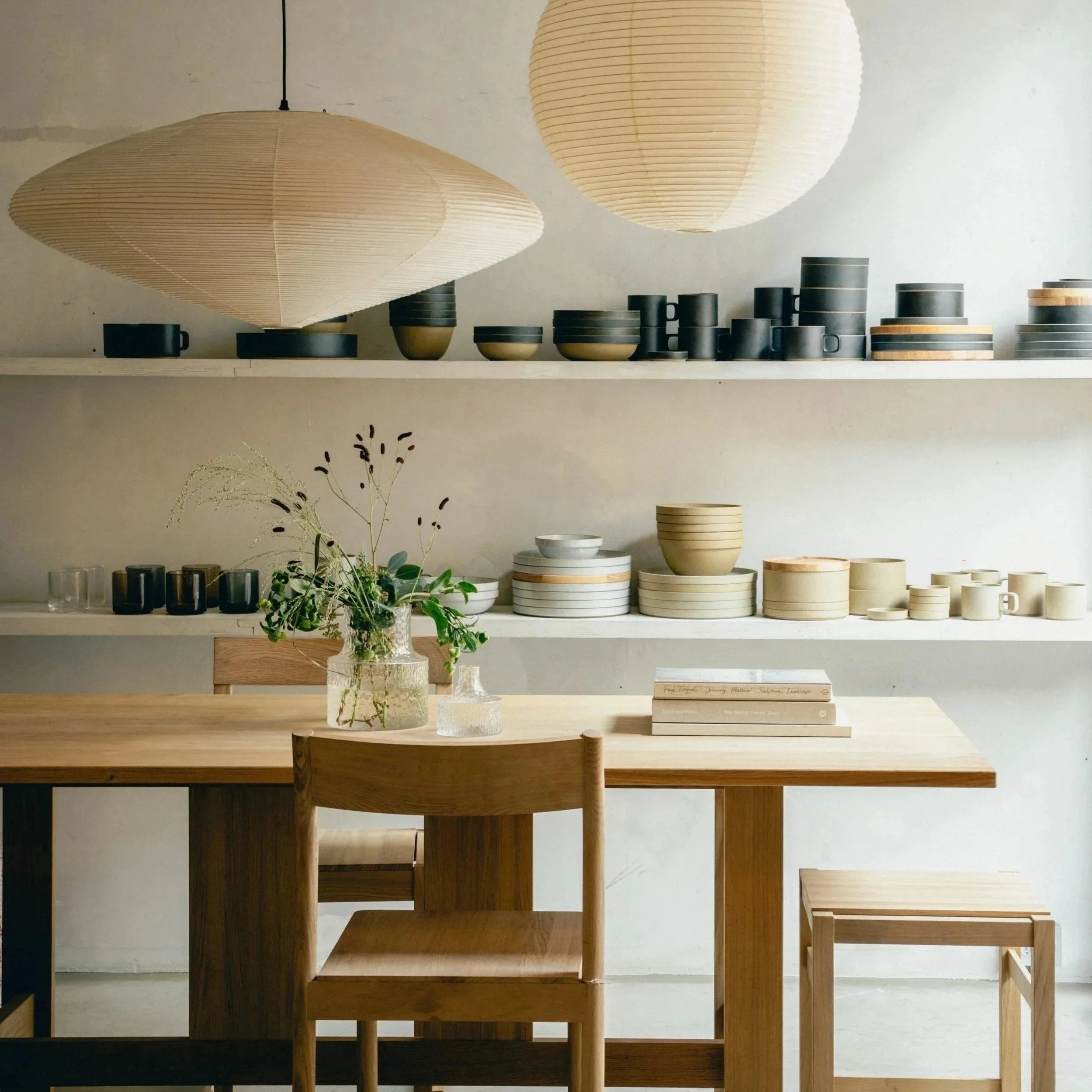 Wooden dining table with three chairs and decorative vases placed on top, sunlight casting shadows on a beige carpet near a large window.