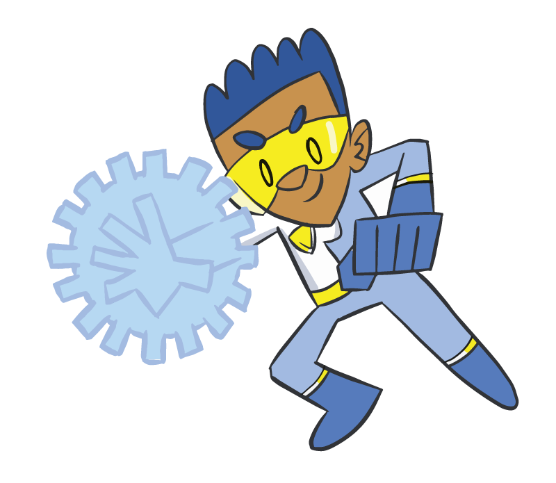 Superhero Captain Zap is a male cartoon character with blue hair, a yellow mask, and a blue-white costume.