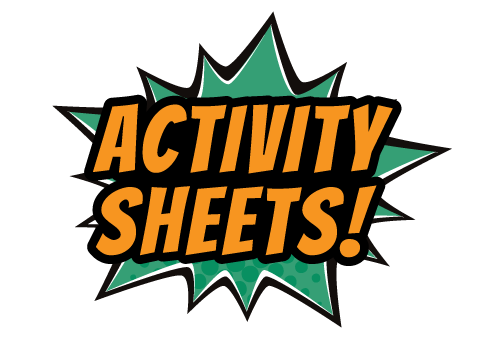 Comic book blast colored green and orange reads Activity Sheets!