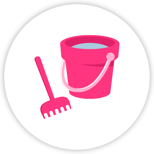illustration of a hot pink toy bucket and shovel. the bucket is holding water