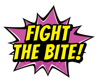 Comic book blast colored purple and yellow reads Fight the Bite!
