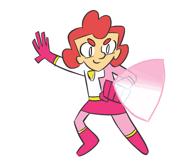Superhero Defender is a female cartoon character with red hair and a pink-white costume.