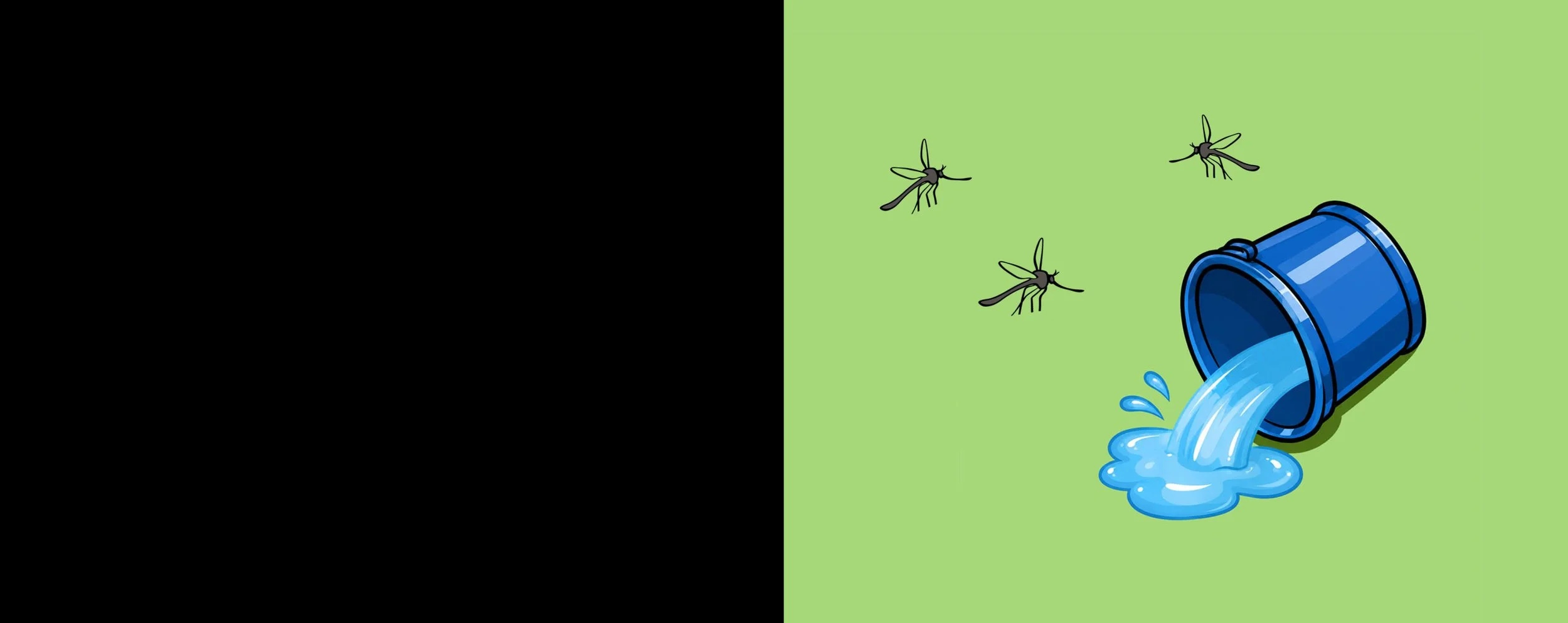 illustration of water pouring out of a blue bucket with mosquitoes buzzing around