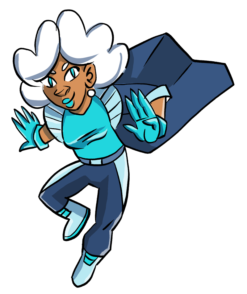 Freezah is a female cartoon superhero that has white hair and a light blue with dark blue outfit