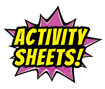 Comic book blast colored purple and yellow reads Activity Sheets!