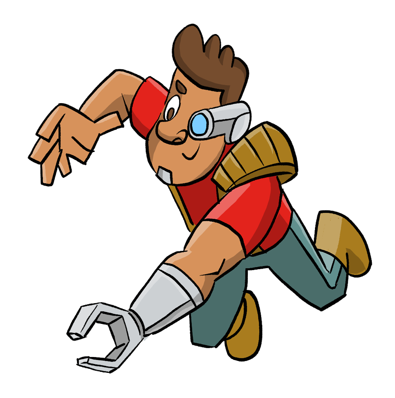 Magnifyer is a male cartoon superhero character with a magnifying eye and tick tweezers. He wears a red t-shirt and steel gray pants