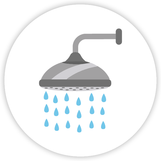 Illustration of a shower head with water droplets falling