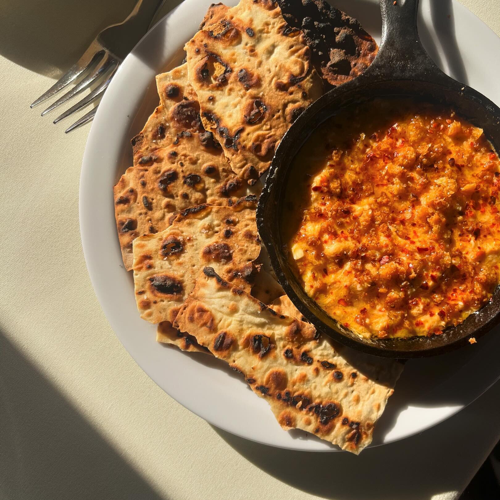 Harissa&rsquo;d crab dip with toasted lavash on a Sunday 🦀