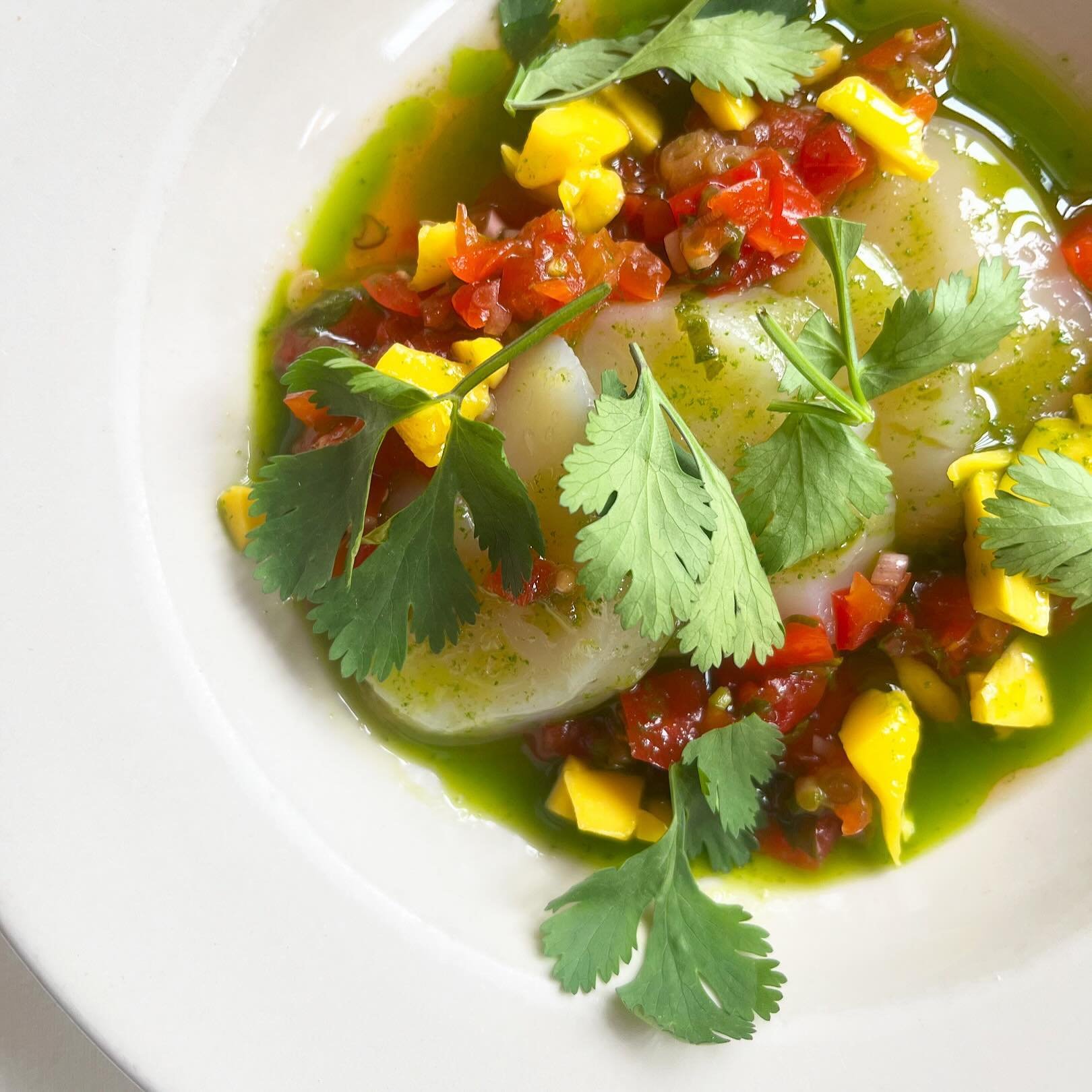 Raw scallops in cilantro oil wearing red pepper and mango jewelry! New to the menu 🥭